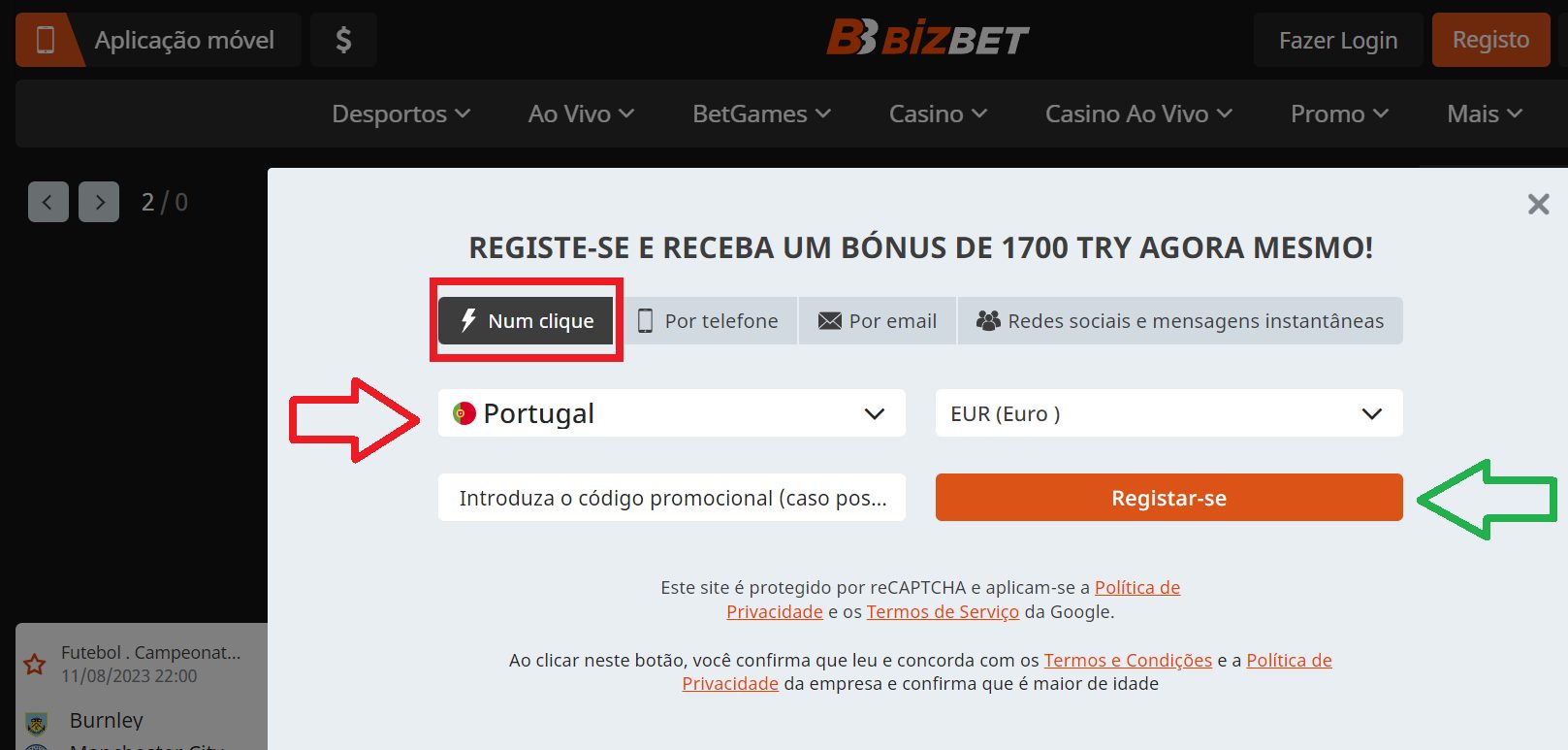 Registo Bizbet Portugal em 1 clique